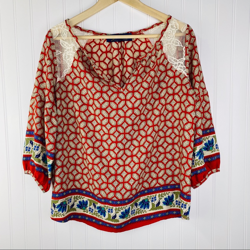 Francesca’s Blue Rain Orange Lace Boho Top Size Small